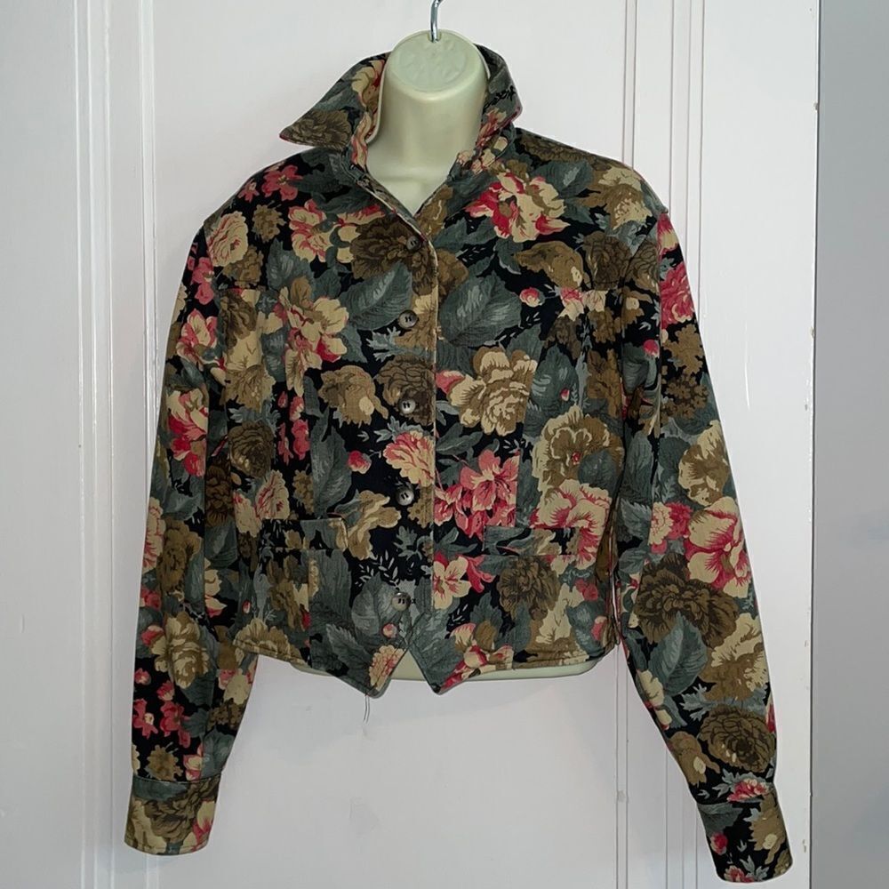 Vintage 80s Brits brand multi color floral cotton short jean jacket‎